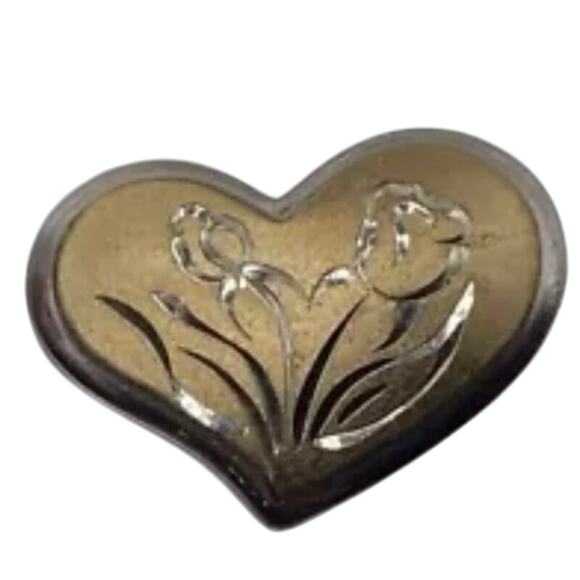 Vintage Gorham Signed Sterling Silver 
Gold Vermeil Etched Floral Heart Brooch - Picture 1 of 10